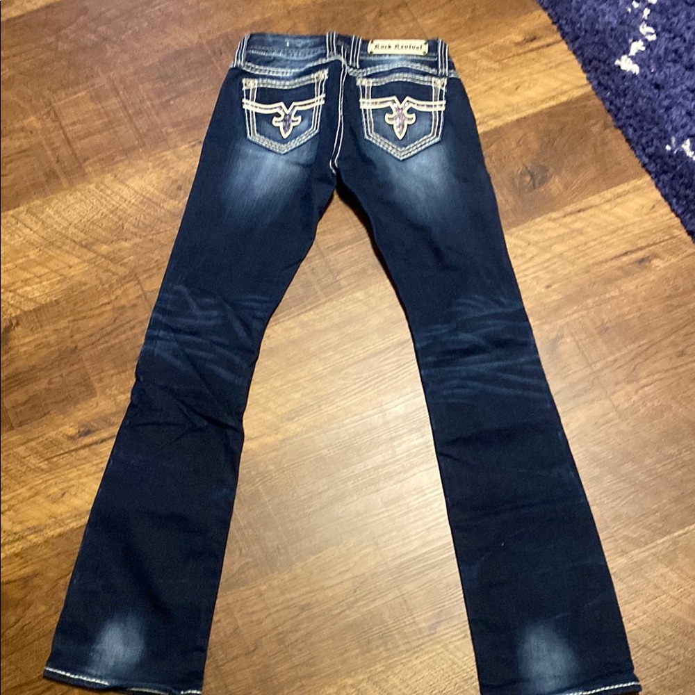 Rock Revival Blue Boot Cut Jeans with Distinctive Stitching